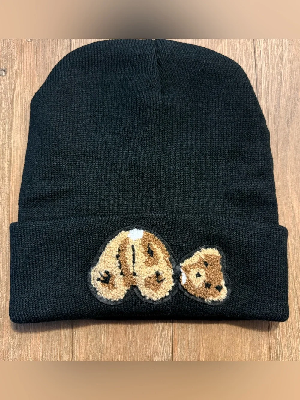 Kensie Black Knit Beanie with Embroidered Bear Patch